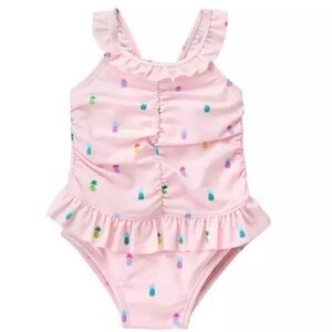 Janie & Jack Baby Girls Pink Bow Back Pineapple One Piece Swimsuit. 6-12 Months.